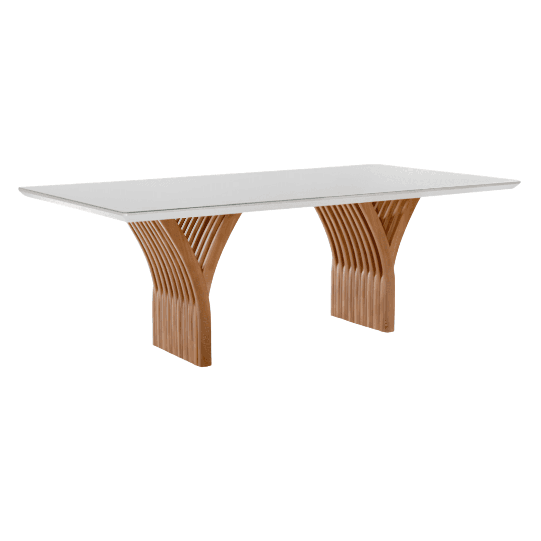 Mesa York com tampo claro e bases escultóricas em madeira